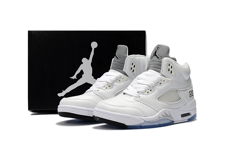 2018 Kids Jordan 5 All White Blue Sole Shoes